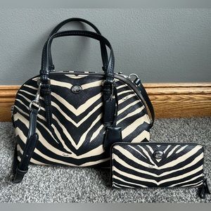 Coach Peyton Zebra Print Cora Domed Satchel w/ Coach Accordian Zip Wallet